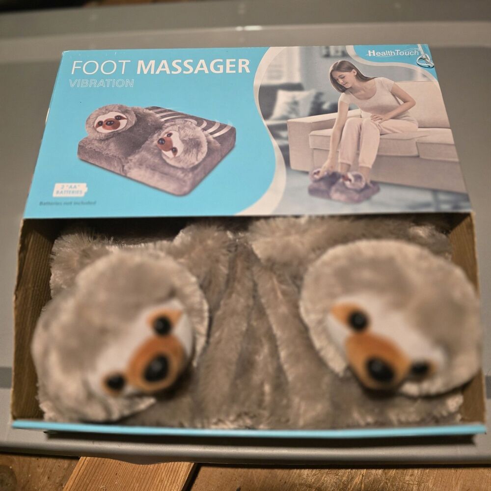 Health Touch Vibrating Plush Foot Massager Sloth Design Gray Battery Powered